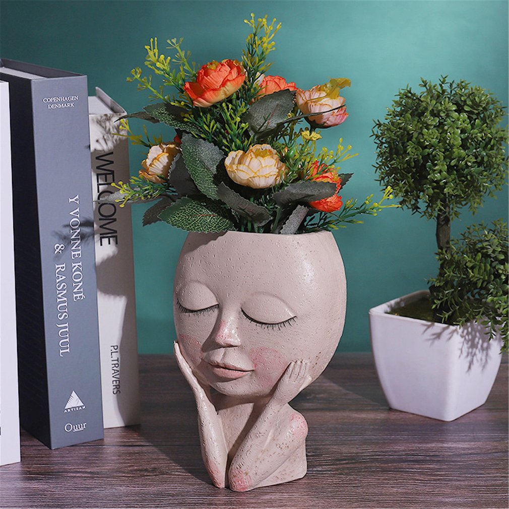 Girl's Face Head Figurine Flower Pot