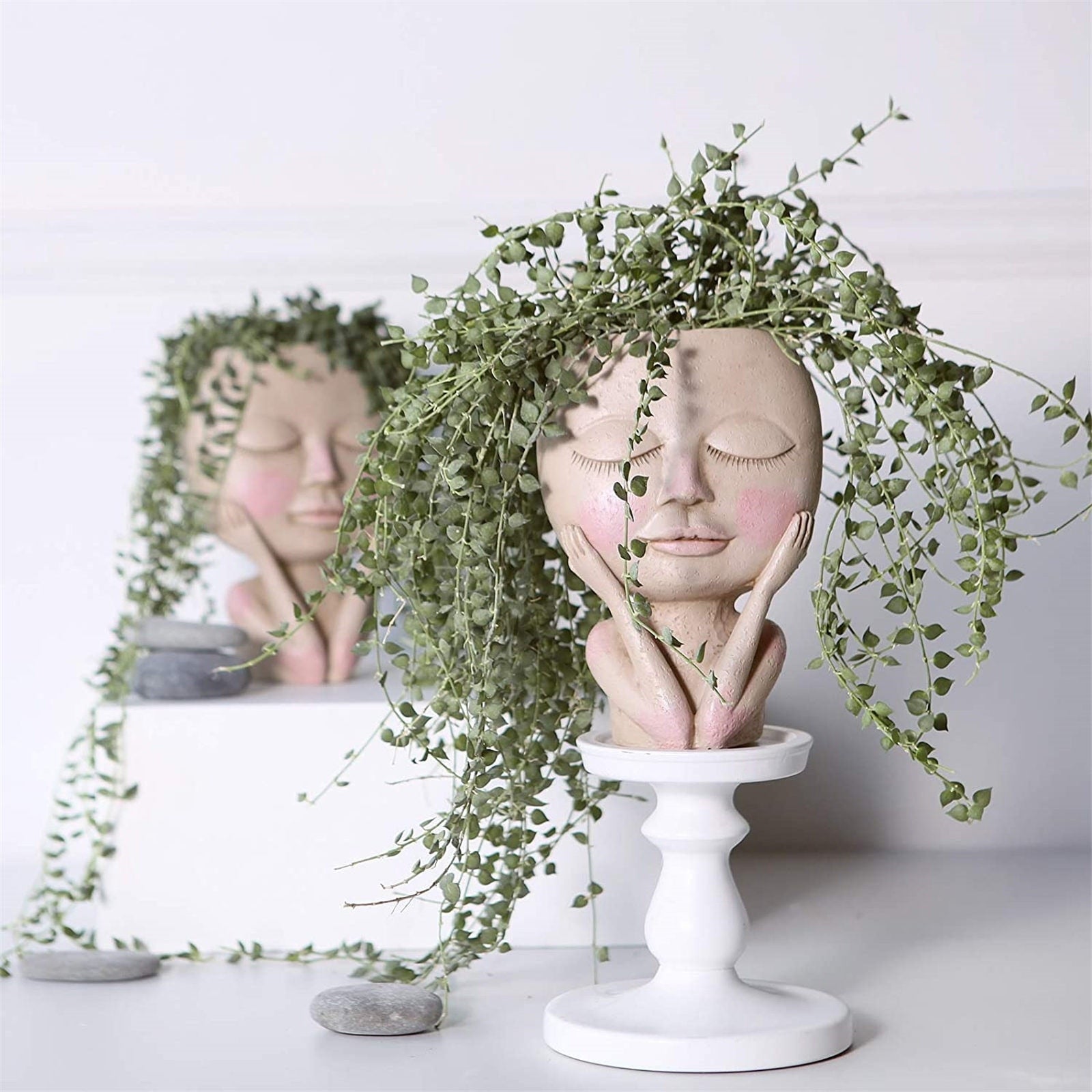 Girl's Face Head Figurine Flower Pot